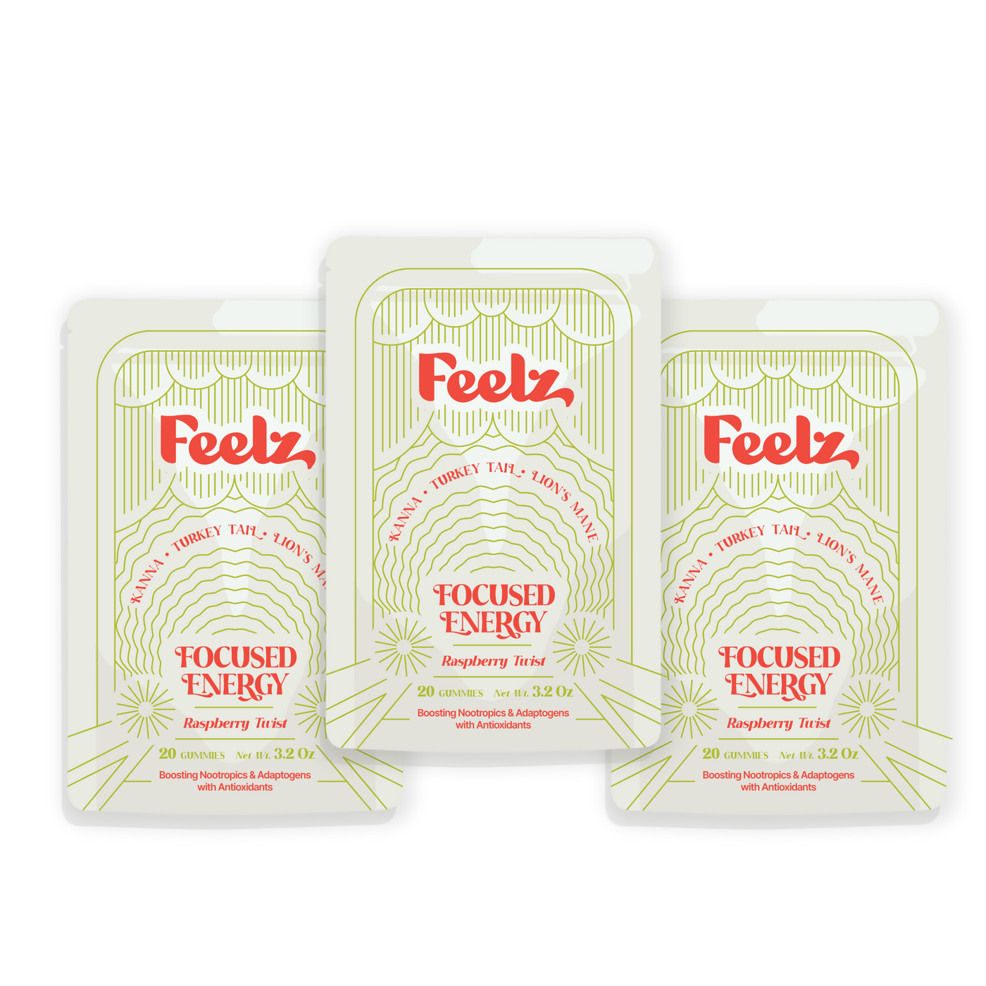 Three packages of 'Feeltz' focused energy supplement on a white background