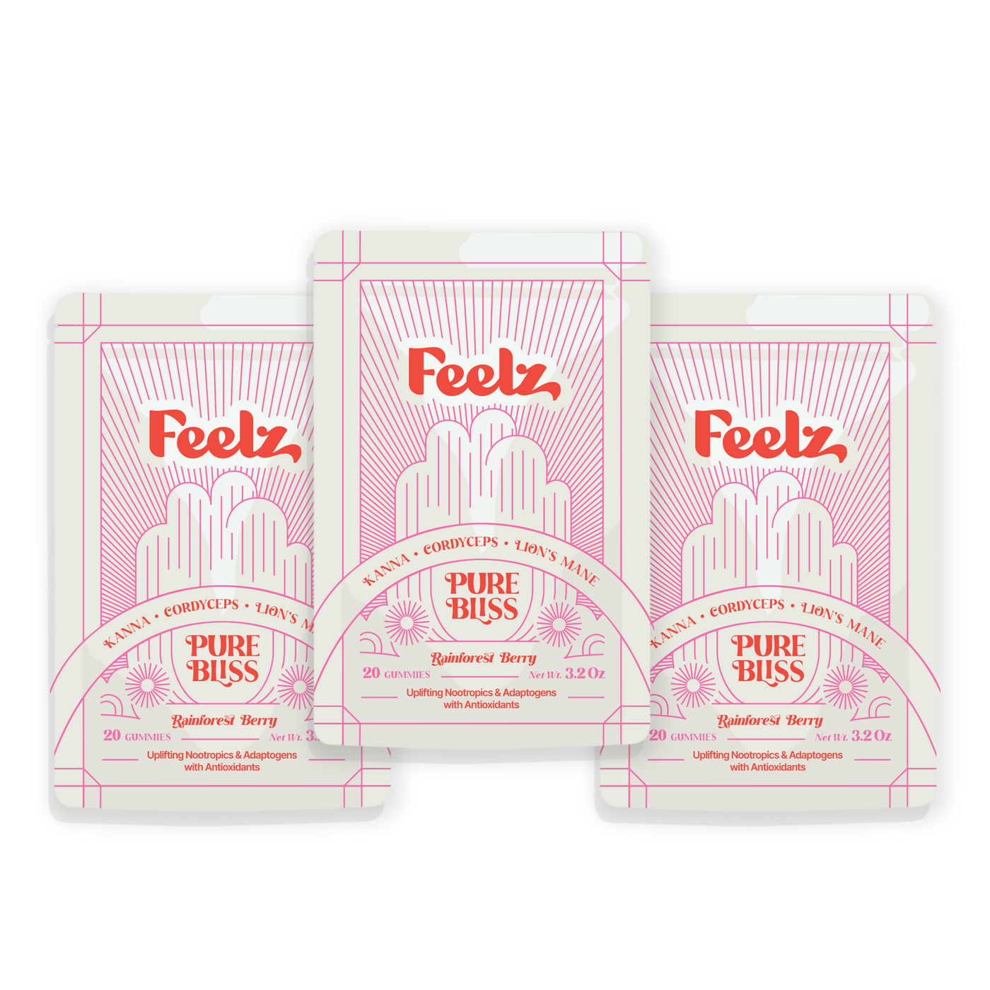 Three 'Feelz' Pure Bliss product packages on a white background