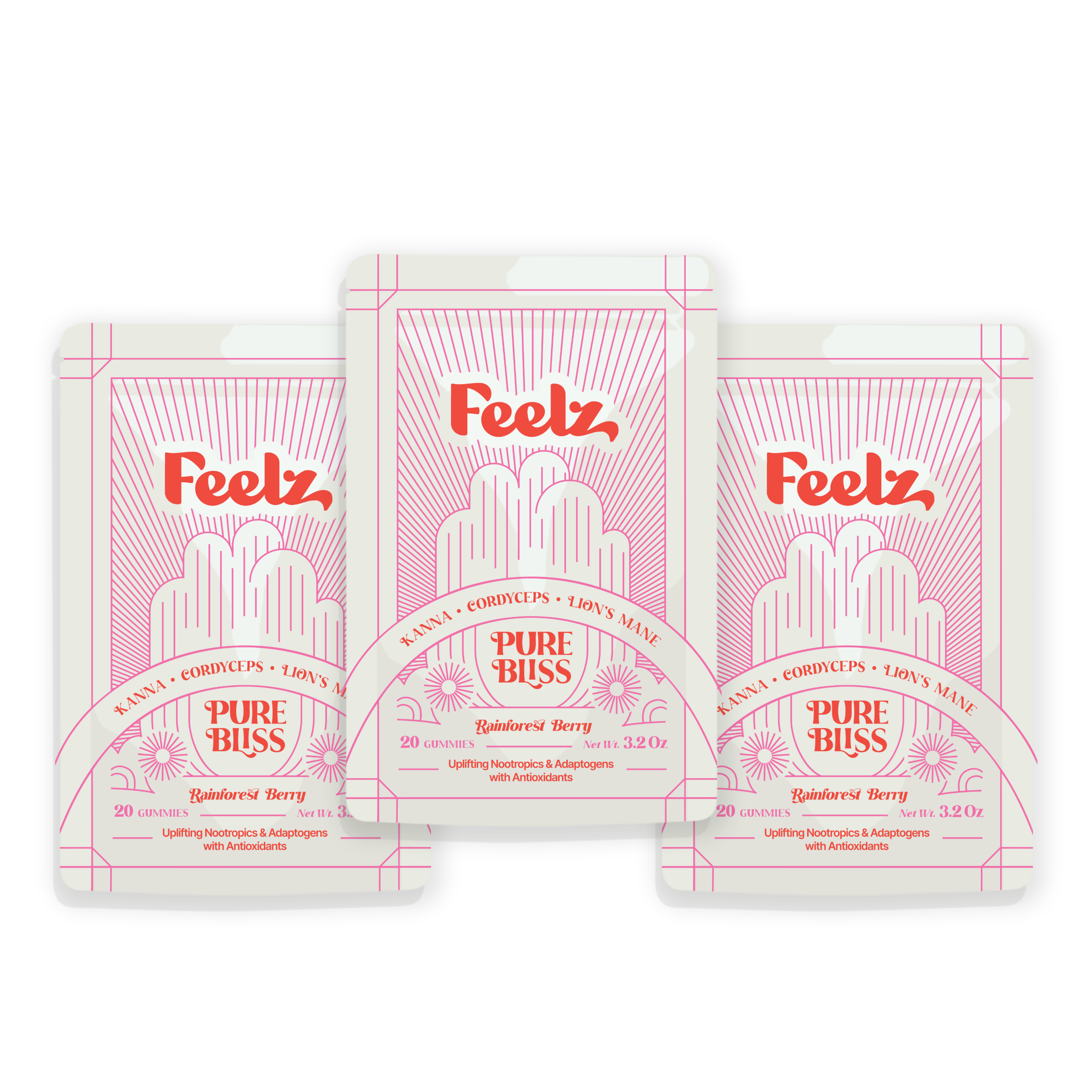 Three 'Feelz' Pure Bliss product packages on a white background