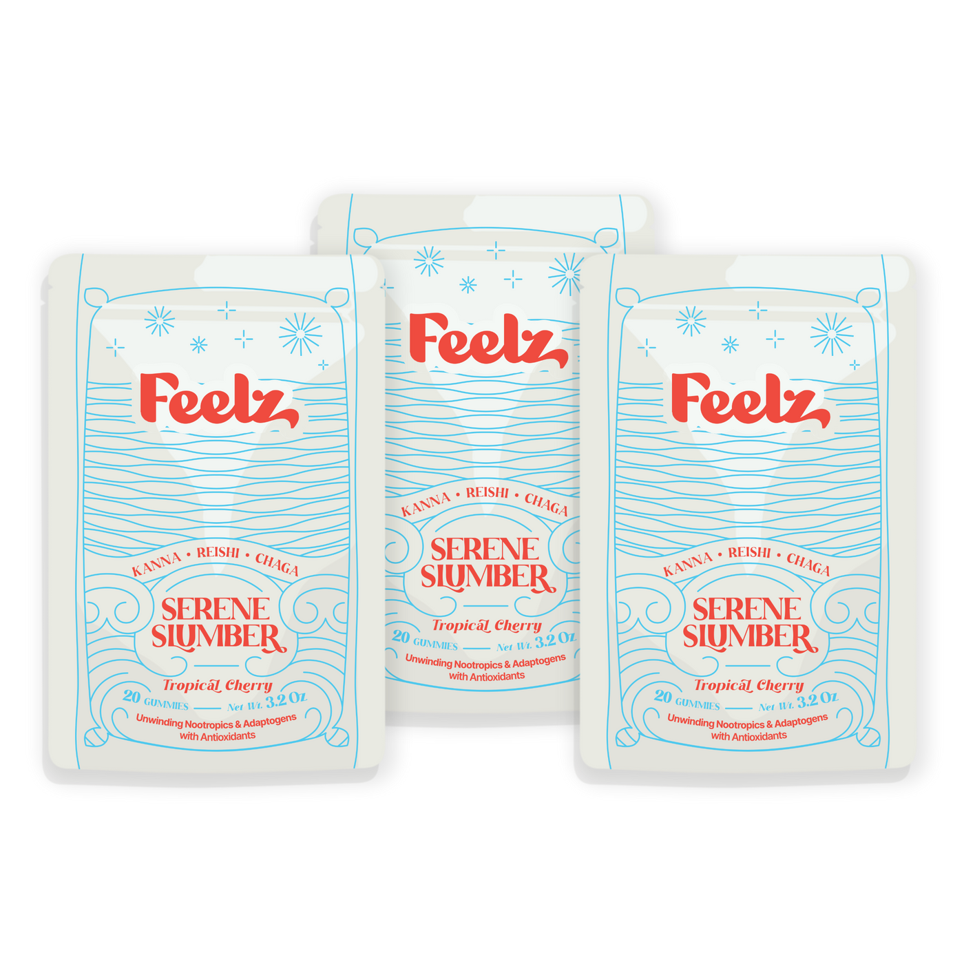 Three packages of 'Feelz Serene Slumber' on a white background